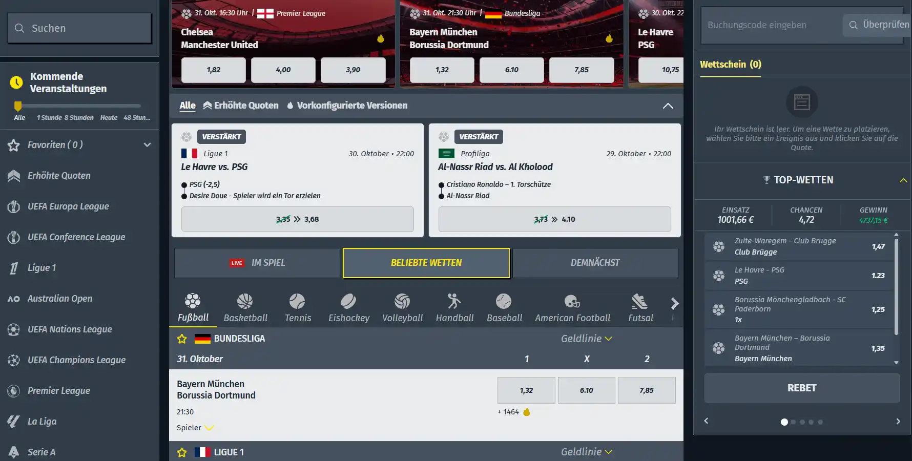 Sportnavigation mit auswählbaren Kategorien und einer Liste von Wettmärkten