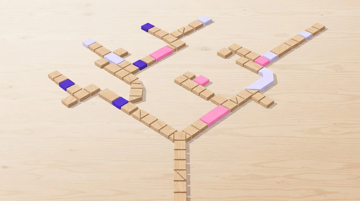 Geometrische Holzstücke auf einer hellen Fläche mit mehreren Verzweigungen