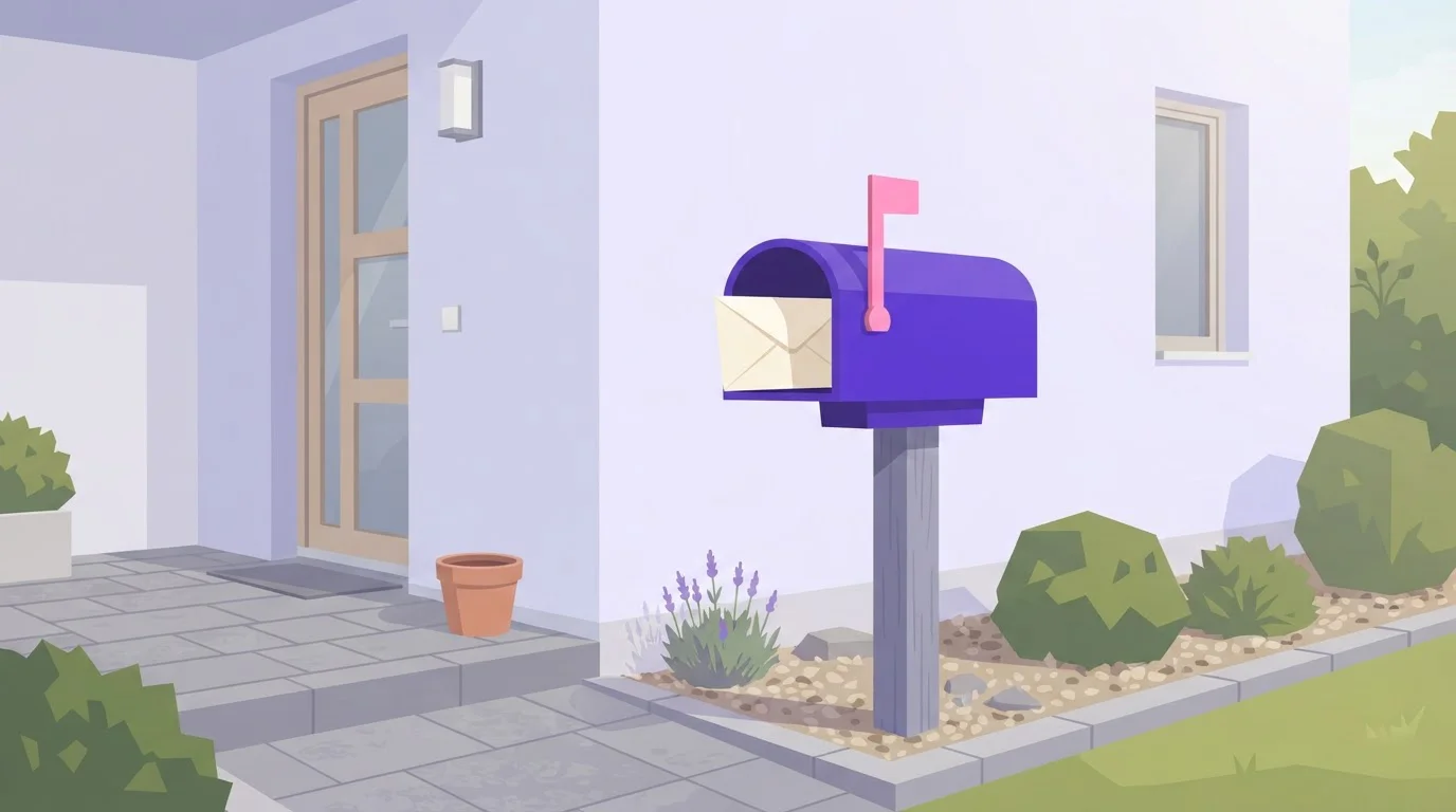 Briefkasten mit aufgestellter Fahne und einem Umschlag vor einer hellen Hauswand
