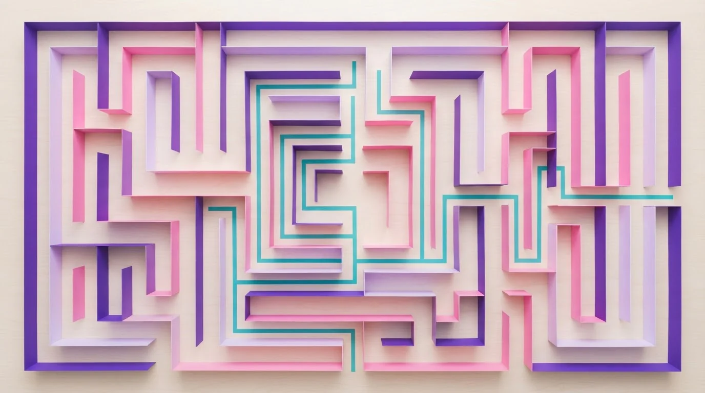 Geometrisches Labyrinth von oben mit einem deutlich eingezeichneten Ausweg