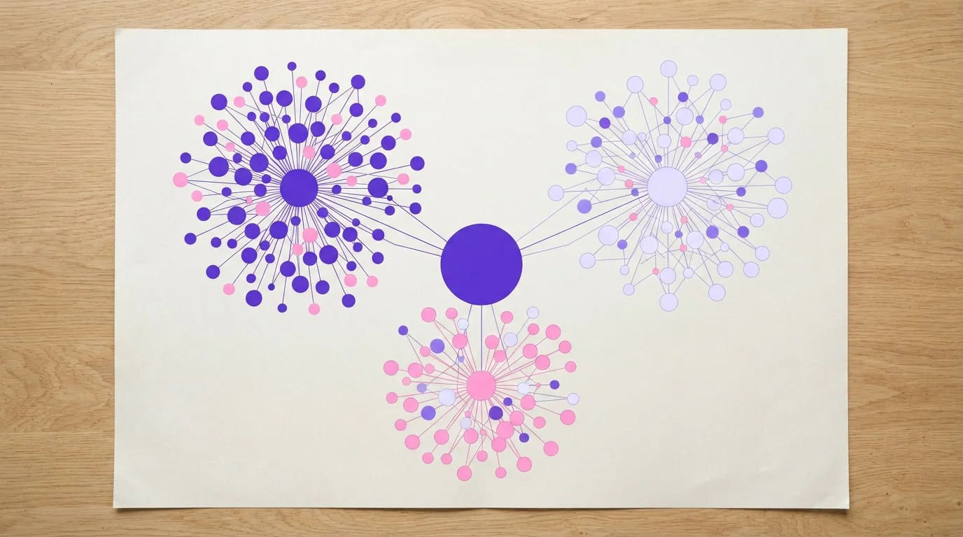 Diagramm mit verbundenen Kreisen und Linien für Anbieter, Internetadresse und Genehmigung